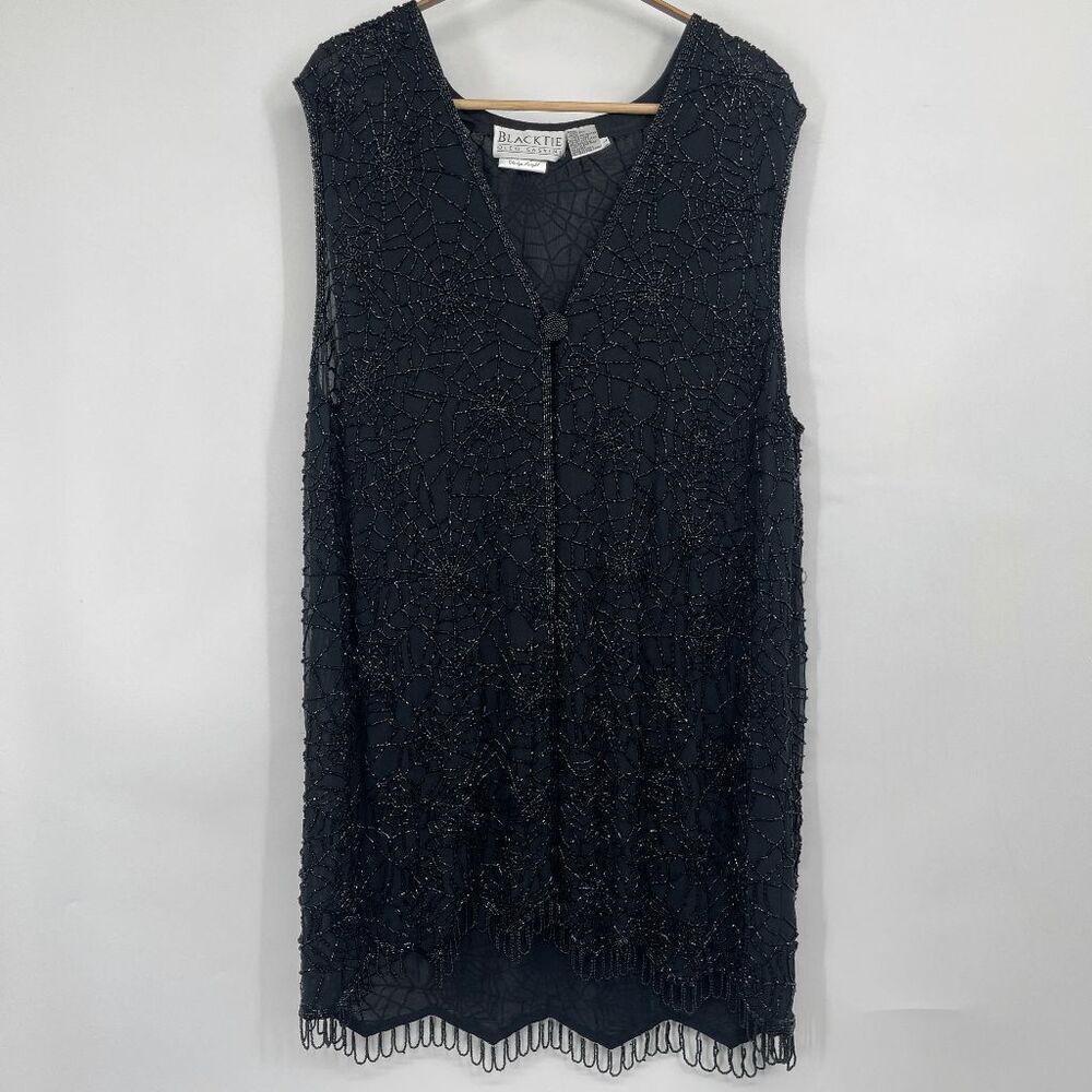 Black Tie Oleg Cassini Black Silk Beaded Formal Evening Long Vest Size Large